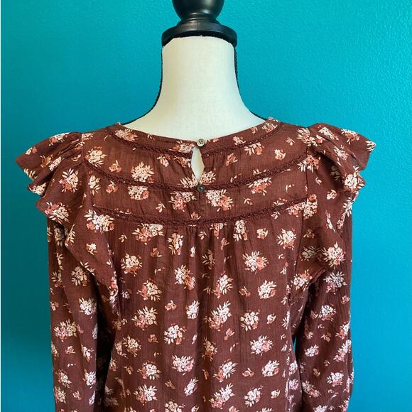 Madewell Ladder Trim Ruffle Front Homestead Brown Women's Blouse Small - Picture 6 of 8